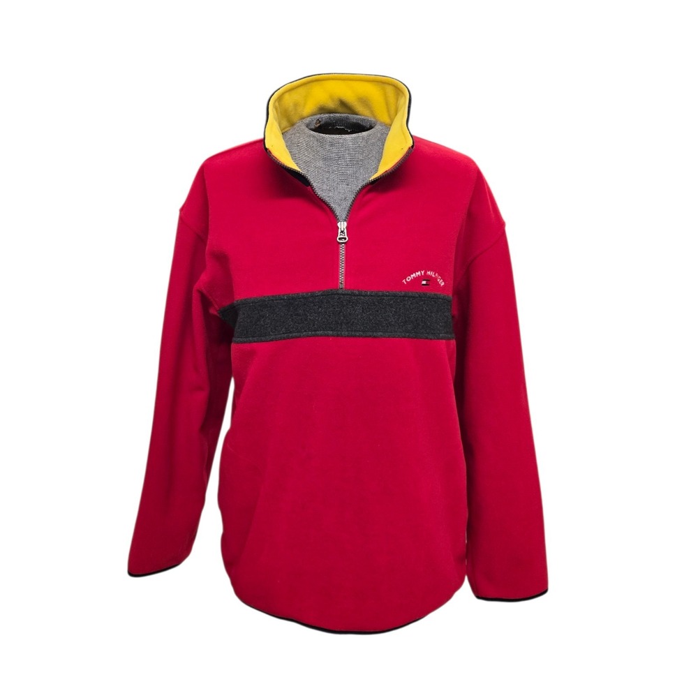 Vtg Y2K Tommy Hilfiger 1/4 Zip Color Block Red Yellow Navy Fleece Jacket Mens XL